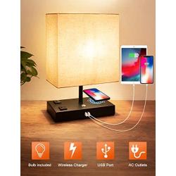 USB Table Lamp 3 Way Dimmable Bedside Lamp Nightstand lamp with USB Port and Outlet, Desk lamp with Wireless Charger Modern Table Lamp Bedside Table Lamp Bedroom Lamps for Bedrooms Living Room Office