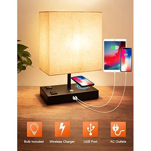 USB Table Lamp 3 Way Dimmable Bedside Lamp Nightstand lamp with USB Port and Outlet, Desk lamp with Wireless Charger Modern Table Lamp Bedside Table Lamp Bedroom Lamps for Bedrooms Living Room Office