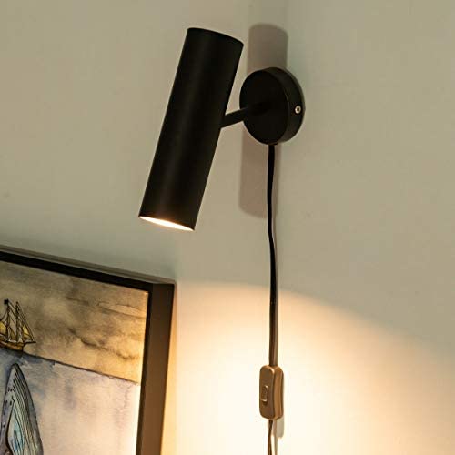 Modern Plug in Wall Sconce, Minimal Swivel Wall Lamp Lighting Matte Black Wall Sconce with Switch Cord for Bedroom, Mirror, Display Spot Light