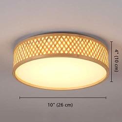 LITFAD Contemporary Drum Shape Flush Mount Ceiling Light Wood and Acrylic LED Ceiling Lamp Weaving Natural Wooden Pandent Light for Dining Room Bedroom Living Room - 10''