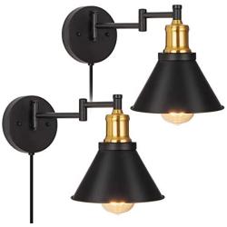 Swing Arm Wall Light, Industrial Wall Sconce, Plug in Wall Lights Fixtures for Bedroom, Bedside Reading Light with Switch, Set of 2