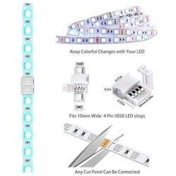 LED Light Strip Connectors, 10mm Unwired 4 Pin RGB LED Lights Connectors kit, 12 Gapless Connectors, 6 L Shape Connectors for SMD 5050 Multicolor LED Strip 12V-24V with 20 Wire Clips, Open Tool