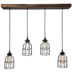 West Ninth Vintage Fayette Wood Pendant Chandelier Light - Farmhouse Rustic Lighting for Kitchen Island - Dining Room - Bar - Industrial - Billiard Table - Edison Cages - 4 Pendants - Jacobean