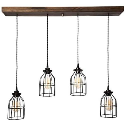West Ninth Vintage Fayette Wood Pendant Chandelier Light - Farmhouse Rustic Lighting for Kitchen Island - Dining Room - Bar - Industrial - Billiard Table - Edison Cages - 4 Pendants - Jacobean