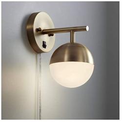 Luna Mid Century Modern Wall Lamp Antique Brass Plug-in Light Fixture Frosted Glass Globe Shade for Bedroom Bedside Living Room Reading - 360 Lighting