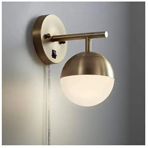 Luna Mid Century Modern Wall Lamp Antique Brass Plug-in Light Fixture Frosted Glass Globe Shade for Bedroom Bedside Living Room Reading - 360 Lighting
