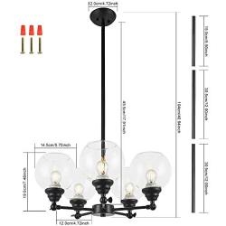 Large Chandeliers Contemporary 5-Light Modern Clear Glass Shades Pendant Lighting Black Dining Room Adjustable Lampholder Lighting Fixtures Hanging Height Adjustable Ceiling Lights (5-Light)