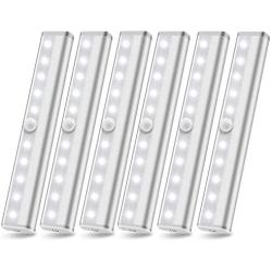 Motion Sensor Closet Lights, 10 Led Battery Powered Lights Led Under Cabinet Lighting Wireless Under Counter Light, Stick On Lights Motion Night Light Bar for Stairs Hallway Kitchen, White 6 Pack