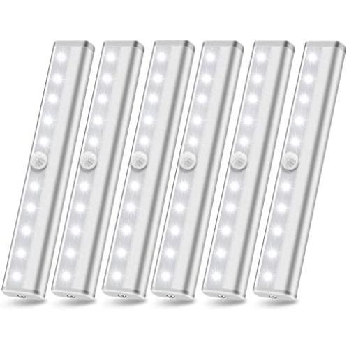 Motion Sensor Closet Lights, 10 Led Battery Powered Lights Led Under Cabinet Lighting Wireless Under Counter Light, Stick On Lights Motion Night Light Bar for Stairs Hallway Kitchen, White 6 Pack