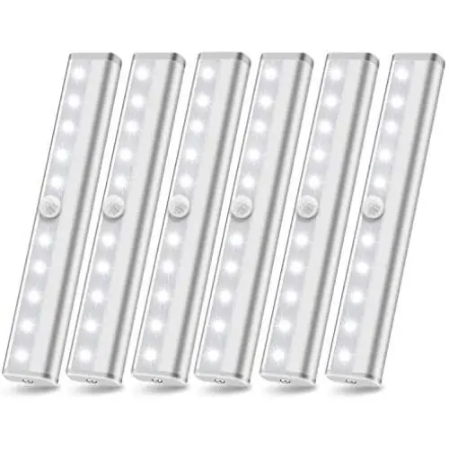 Motion Sensor Closet Lights, 10 Led Battery Powered Lights Led Under Cabinet Lighting Wireless Under Counter Light, Stick On Lights Motion Night Light Bar for Stairs Hallway Kitchen, White 6 Pack