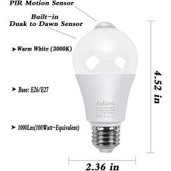 Motion Sensor Light Bulbs, Aukora 12W (100-Watt Equivalent) E26 Motion Activated Dusk to Dawn Security Light Bulb Outdoor/Indoor for Front Door Porch Garage Basement Hallway Closet(Warm White 2 Pack)