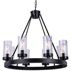 Wellmet Matte Black Wagon Wheel Chandeliers Bubble Glass Shade, Farmhouse 30” 8-Light Iron Chandelier, Industrial Rustic Hanging Ceiling Light Dining Room Kitchen Bedroom Living Room Foyer Hallway