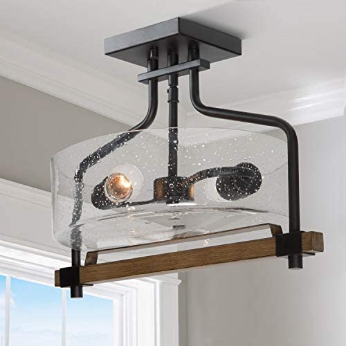 LOG BARN Semi Flush Mount Ceiling Light 15.5'' Wide Farmhouse Ceiling Fixture with Seeded Glass in Matte Black Wooden Finish for Entryway, Dining Room, 2-Light LOG BARN Semi Flush Mount Ceiling Light 15.5'' Wide Farmhouse Ceiling Fixture with Seeded Glass in Matte Black Wooden Finish for Entryway, Dining Room, 2-Light
