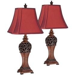 Exeter Traditional Table Lamps Set of 2 Carved Leaf Bronze Wood Rectangular Crimson Red Shade for Living Room Bedroom Bedside Nightstand Office Family - Regency Hill