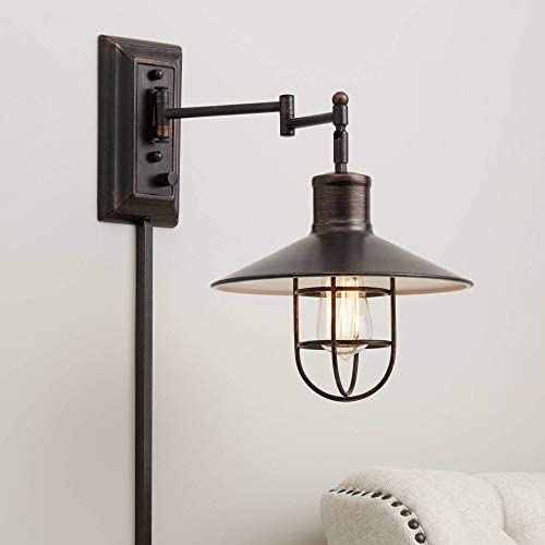 Hektor Rustic Vintage Swing Arm Wall Lamp LED Brushed Bronze Plug-in Light Fixture Hooded Metal Cage for Bedroom Bedside Living Room Reading - Franklin Iron Works