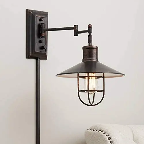 Hektor Rustic Vintage Swing Arm Wall Lamp LED Brushed Bronze Plug-in Light Fixture Hooded Metal Cage for Bedroom Bedside Living Room Reading - Franklin Iron Works Hektor Rustic Vintage Swing Arm Wall Lamp LED Brushed Bronze Plug-in Light Fixture Hooded Metal Cage for Bedroom Bedside Living Room Reading - Franklin Iron Works