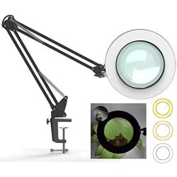 Hokone 5X Magnifying Lamp with Clamp, Magnifier Lamp Stepless Dimming, 3 Color Modes, 4.1'' Diameter Glass Lens, 350° Adjustable Metal Swivel Arm for for Reading/Office/Work (Black)