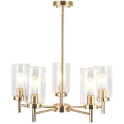 VINLUZ Contemporary 5 Light Large Brass Chandelier Lighting Modern Clear Glass Shades Pendant Lamp Brushed Brass Rustic Dining Room Lighting Fixtures Hanging Adjustable Wire Semi Flush Ceiling Lights