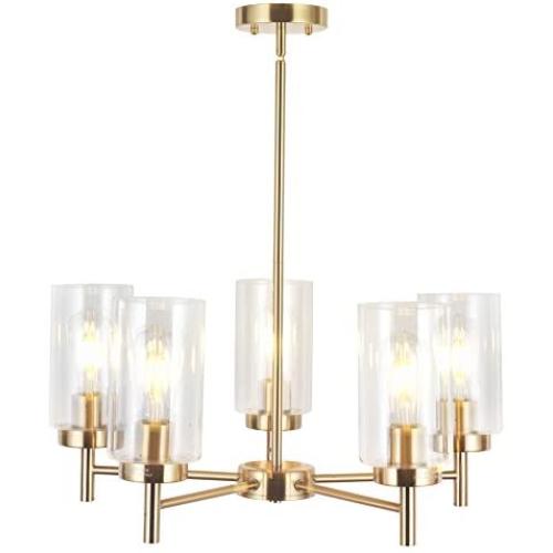 VINLUZ Contemporary 5 Light Large Brass Chandelier Lighting Modern Clear Glass Shades Pendant Lamp Brushed Brass Rustic Dining Room Lighting Fixtures Hanging Adjustable Wire Semi Flush Ceiling Lights