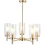 VINLUZ Contemporary 5 Light Large Brass Chandelier Lighting Modern Clear Glass Shades Pendant Lamp Brushed Brass Rustic Dining Room Lighting Fixtures Hanging Adjustable Wire Semi Flush Ceiling Lights