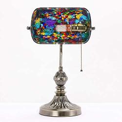 Marrakech Mosaic Lamp Traditional Antique Brass Bankers Table Lamp Vintage Tiffany Style Turkish Mosaic Glass Desk Lamp for Living Room Bedroom (Multi-Colored)