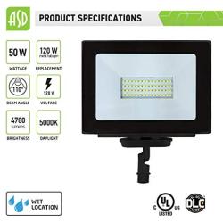 ASD 50W LED Flood Light with Arm - 5000K Daylight 4780 Lm - 120W MH Equivalent - IP65 Waterproof - 120V Commercial Super Bright LED Floodlight Outdoor Garage - Black Finish - UL & DLC Standard, 1-Pack