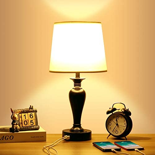 Zermurd Touch Control Table Lamp, 3 Way Dimmable Bedside Lamp with Two USB Ports Bedroom Touch Lamp White Shade Brown Resin Base Nightstand Lamp for Living Room Bedroom Office, 7W LED Bulb Included