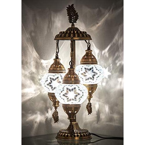 DEMMEX 2020 Stunning 3 Globe Turkish Moroccan Bohemian Table Desk Bedside Night Lamp Light Lampshade with North American Plug & Socket, 21 Inches (White Mix)