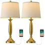Oneach USB Table Lamp Modern Table Lamps Set of 2 for Living Room with USB Charging Port Bedside Lamp Fabric Drum Shade Accent Lamp Light for Bedroom Gold