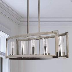 Antilisha Farmhouse Chandelier Lighting Rectangular Light Fixture Pendant Chandelier for Dining Rooms Kitchen Island Pool Room Faux Wooden & Nickel Finish Metal Long 33.5’’