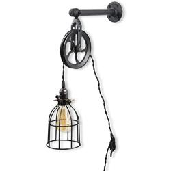 Rustic State Vintage Chic Unique Industrial Pipe and Pulley Design Wall Pendant Lamp with Fabric Cord LED Edison Light Bulb Included in Black