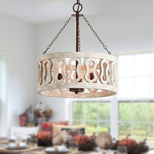 3-Light Distressed Wood Chandelier, Wooden Barrel Drum Design, Shabby Chic Hanging Pendant Ceiling Lighting