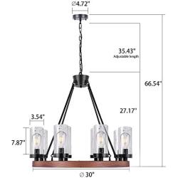 Wellmet 8-Light Farmhouse Chandeliers for Dining Room, 30 inch Rustic Wagon Wheel Chandelier with Seeded Glass Shade, Antique Vintage Round Wood-Painted Hanging Lighting Kitchen Island Living Room