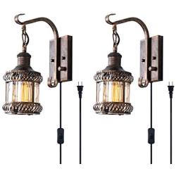 Retro Wall Light Fixtures, 2-in-1 Antique Bronze Vintage Wall Lighting Hardwired Plug in Industrial Lantern Retro Lamp Metal Wall Sconce for Bedside Bedroom Home Dining Room(2 Pack)