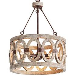 Farmhouse Chandeliers for Dining Room, Drum Pendant Light Fixture, Hand-Painted White Finish, Olive Solid Wooden Brackets Rustic Metal 3-Light Arms D14.6 H20 inch