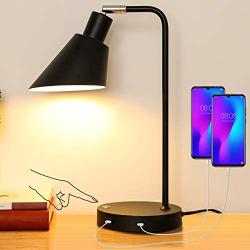 Ganiude Industrial Dimmable Touch Table lamp with Dual USB Ports,Black Metal-Finished,Modern Reading Desk Lamp with Adjustable Head,Decorative Nightstand Lamp for Bedroom,Study Room,LED Bulb Included