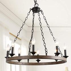 Farmhouse Chandelier, Kitchen Island Lighting in Rustic Faux Wood Metal and Wagon Wheel Finish, 26 Ceiling Light Fixture for Dining Room