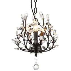 SEOL-LIGHT Farmhouse Crystal Branch Chandelier Pendant Hanging Lighting Fixture Small Size Flush Mount 120W with 3 Socket Black for Bedroom,Foyer,Kitchen,Dining Room