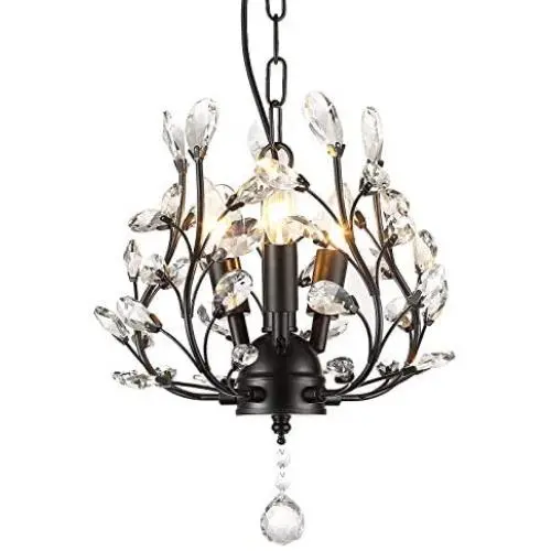 SEOL-LIGHT Farmhouse Crystal Branch Chandelier Pendant Hanging Lighting Fixture Small Size Flush Mount 120W with 3 Socket Black for Bedroom,Foyer,Kitchen,Dining Room