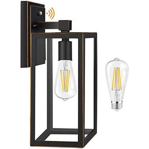 Dusk to Dawn Sensor Outdoor Wall Lights, Exterior Light Fixtures Wall Mount, Anti-Rust Porch Lights, Matte Black Wall Lanterns with Gold Rim, Wall Sconce Garage Lighting, Wall Lamp [Bulb Included]