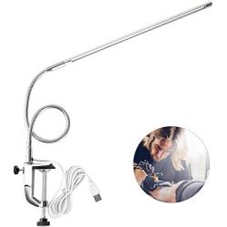 LED Desk Lamp with Clamp, USB Adjustable Direction and Brightness Clip Eye-caring Table Lamps for Reading, Study, Tattoo Light,Beauty Manicure, White, 18W