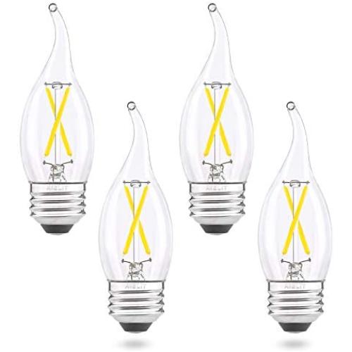 AIELIT E26 LED Chandelier Light Bulbs 5000K,2W(25W Equivalent), Bright White, Dimmable (0 - 100%), Clear Flame Tip LED Candelabra Bulb for Hallway, Entryway, Porch Cage-Style Ceiling Lamp 4-Pack