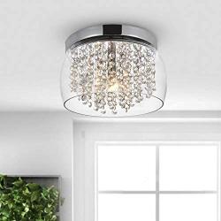 FERWVEW Modern 1 Light 11'' Crystal Flush Mount Ceiling Light Mini Chandeliers Lighting Fixture with Drum Glass Shade, Chrome Hanging Lamp for Bedroom Living Dining Room Hallway Entryway Foyer