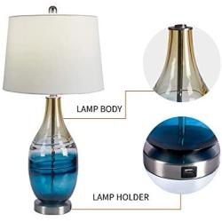Maxax USB Glass Table Lamps Set of 2 with White Linen Shade for Living Room Bedroom,Blue &Gold Finish
