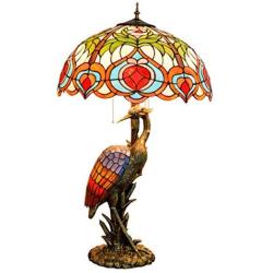 Tiffany Style Peach Table Lamp Pastoral Stained Glass 3-Light Desk Lamp with Bird Night Light for Living Room Bedroom Reading Cafe, 19.6-Inch,A