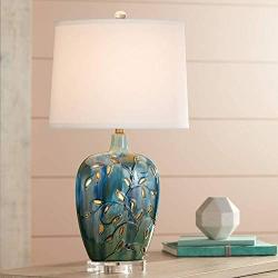 Devan Cottage Table Lamp with Nightlight Ceramic Blue Vine Handcrafted Oval Fabric Shade for Living Room Family Bedroom - 360 Lighting