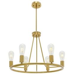 BONLICHT Modern 6 Light Farmhouse Chandelier Wagon Wheel Brushed Brass Dining Room Lighting Fixture Hanging Round Kitchen Island Pendant Light Industrial Gold Metal Ceiling Light for Foyer Bedroom