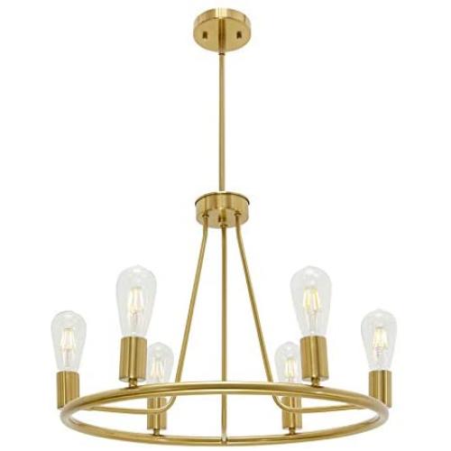 BONLICHT Modern 6 Light Farmhouse Chandelier Wagon Wheel Brushed Brass Dining Room Lighting Fixture Hanging Round Kitchen Island Pendant Light Industrial Gold Metal Ceiling Light for Foyer Bedroom