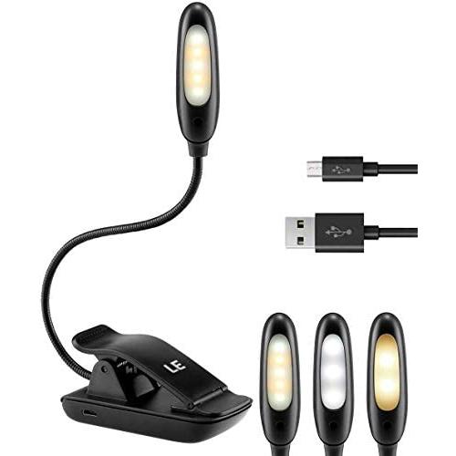 LE Rechargeable Book Light, Portable, 5 LED 3 Lighting Color Modes Adjustable, Warm and Daylight White, Clip on Spotlight, Eye Care Small USB Reading Light for Bedroom, Computer Work and More