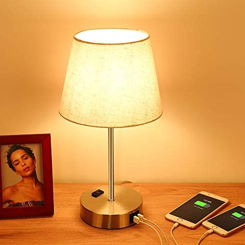 Touch Control Table Lamp, 3 Way Dimmable Bedside Lamp Nightstand Lamp with Dual USB Ports and AC Outlet, LED Desk Lamp Reading Lamp Modern Lamp for Bedroom Living Room Office, E26 Bulb Included
